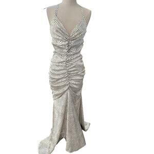 Jessica McClintock White & Black Polka Dot Ruched Mermaid Gown Dress Size 8